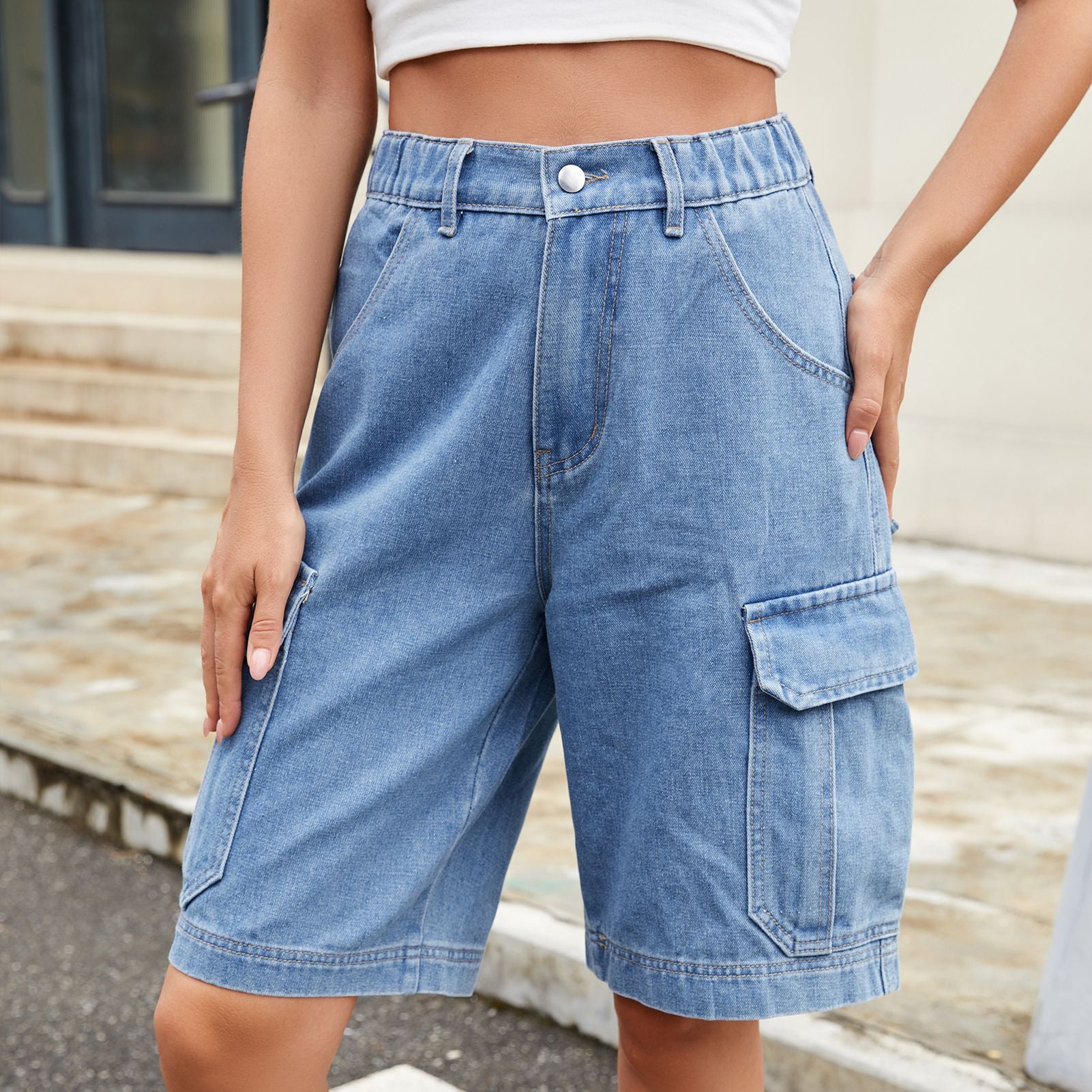 Elastic Waist Denim Workwear Shorts