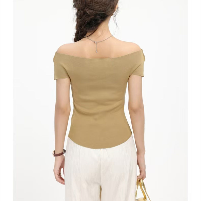 Sweet One-Shoulder Knitted Sweater - Slimming & Lightweight Off-Shoulder Short Top for Women