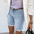 Women's Distressed Denim Shorts with Raw Edge & Tassel Hem - Trendy High-Waist Hole Jeans