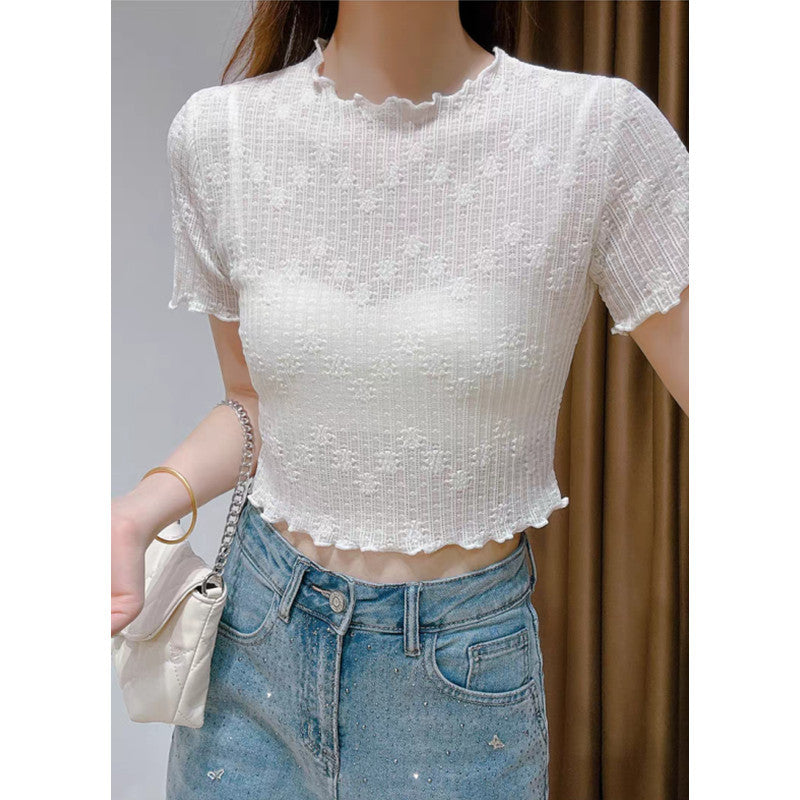 Women's Ice Silk Lace Bottoming Shirt - Summer Chic Mesh Short Sleeve Top with Inner Suspender, Lightweight Gauze T-Shirt