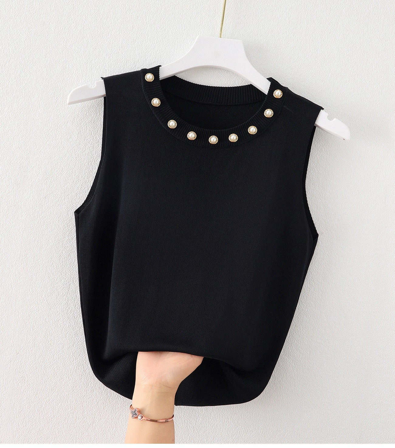 Women's Round Neck Camisole Top with Beaded White Knitted Sleeveless Sweater - Stylish Outerwear T-Shirt