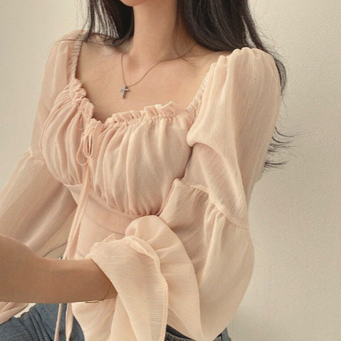 French-Style Ruffled Lace-Up Short Blouse - Square Neck & Trumpet Sleeve Spring Top for Women