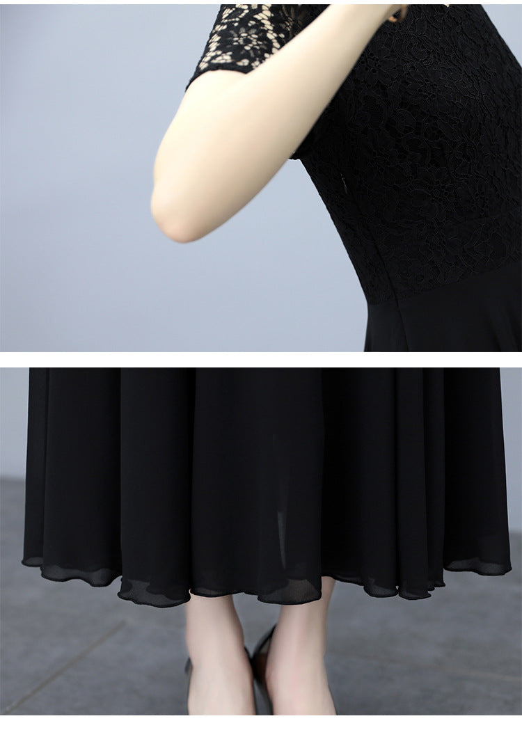 Women Crochet Lace Slim Waist Pleated Skirt Dress