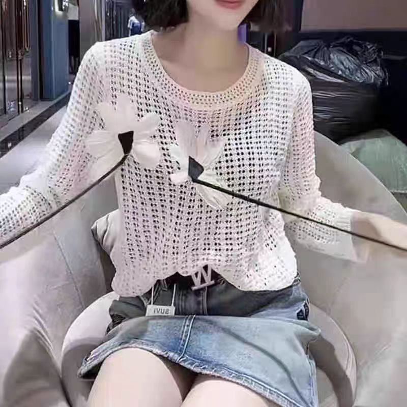 Summer Women's Slim Fit Hollow Knit Cardigan - Lightweight Round Neck Pullover with 3D Floral Detail, Long Sleeve Fashion Sweate