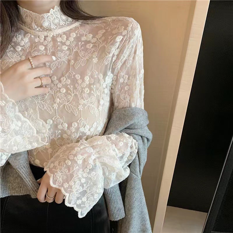 Fairy-Inspired Lace Mesh Bottoming Shirt - Elegant Spring & Autumn Edition