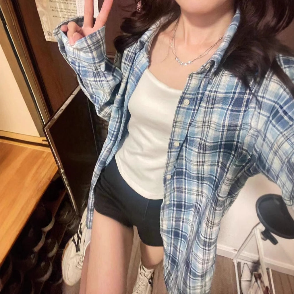 Women's Blue Thin Plaid Shirt - Spring Lazy Style Long Sleeve Top