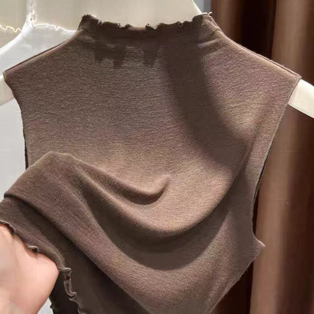 Women's Sleeveless Knitted Bottoming Shirt - Thin Vest with Slim Half-High Collar & Ruffled Edge