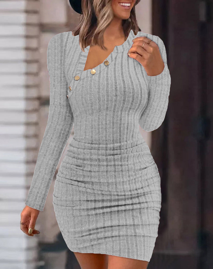 Women's Solid Color Off-Shoulder Oblique Collar Bodycon Dress – Slim Fit, Long Sleeve Evening Party Dress