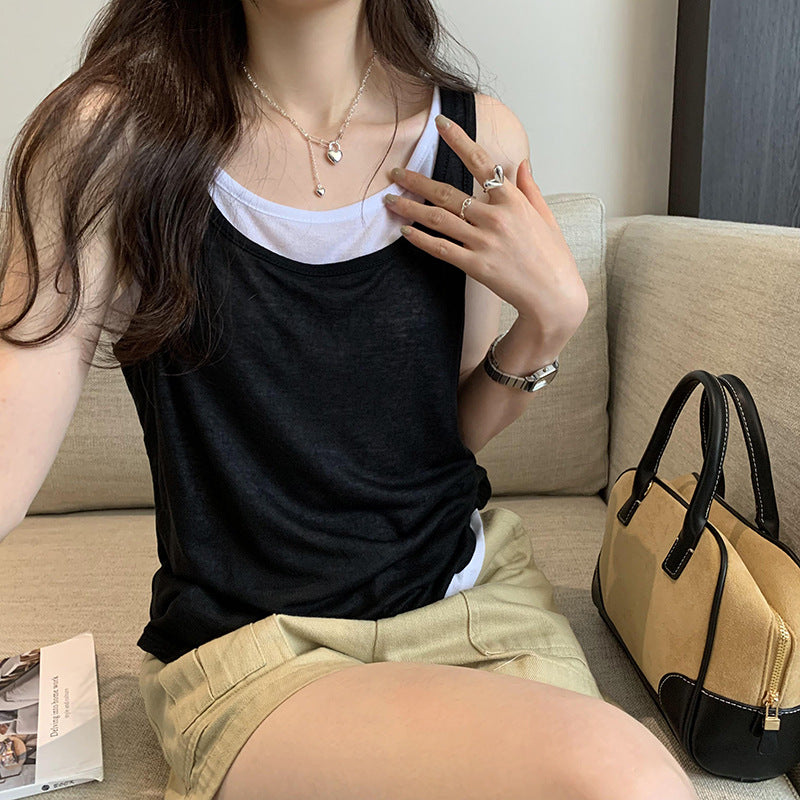 Women's Splicing Fake Two-Piece Sleeveless Sports Vest - Loose Fit Summer Slim Top