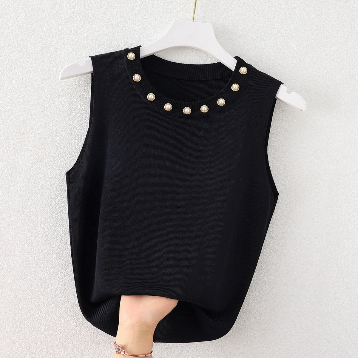 Women's Round Neck Camisole Top with Beaded White Knitted Sleeveless Sweater - Stylish Outerwear T-Shirt