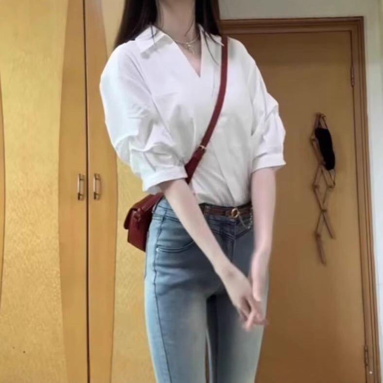 White V-Neck Summer Shirt for Women - Elegant Lapel Top with Niche Design