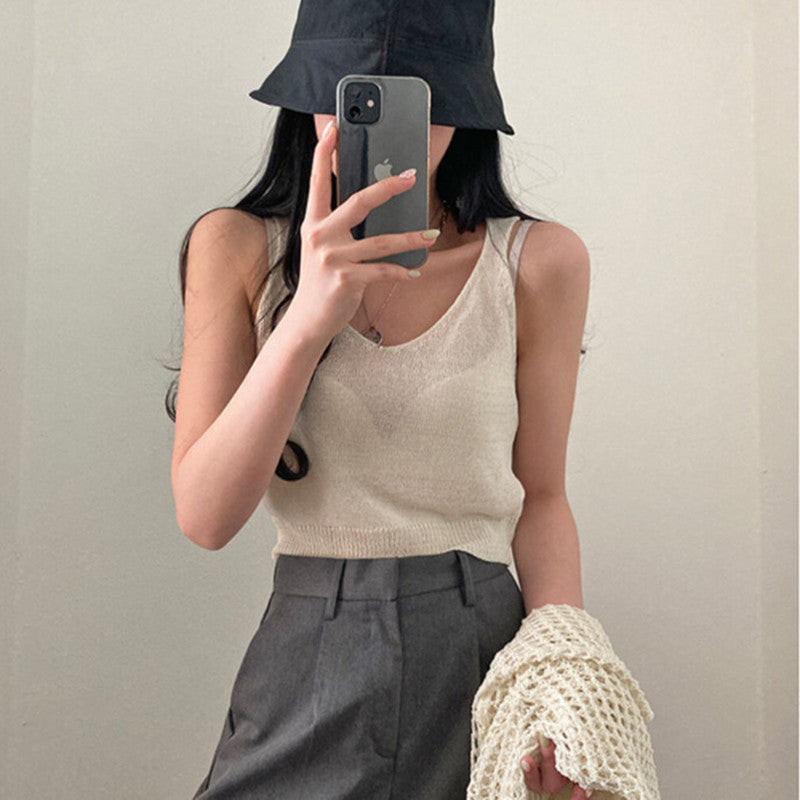 Summer 2025 Sweet & Spicy Pure Desire Style Women's Two-Piece Set - Thin Knit Sweater + Spaghetti Strap Sun-Protective Blouse