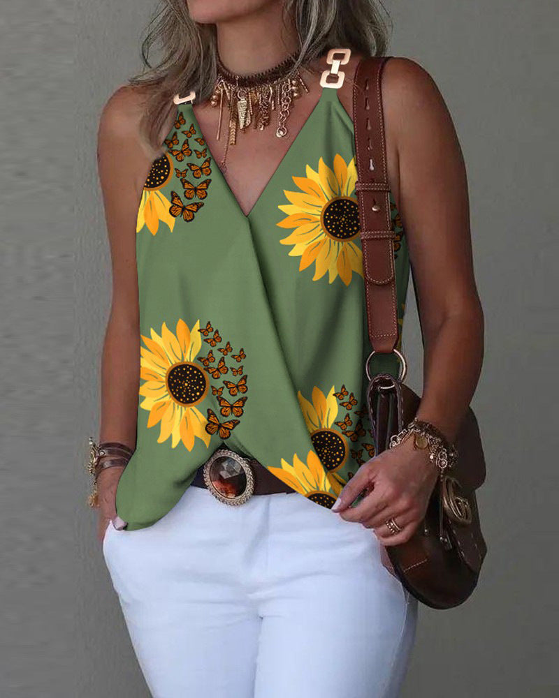 Women's Summer Simple V-Neck Printed Vest Top - Metal Button Detail Sleeveless Blouse