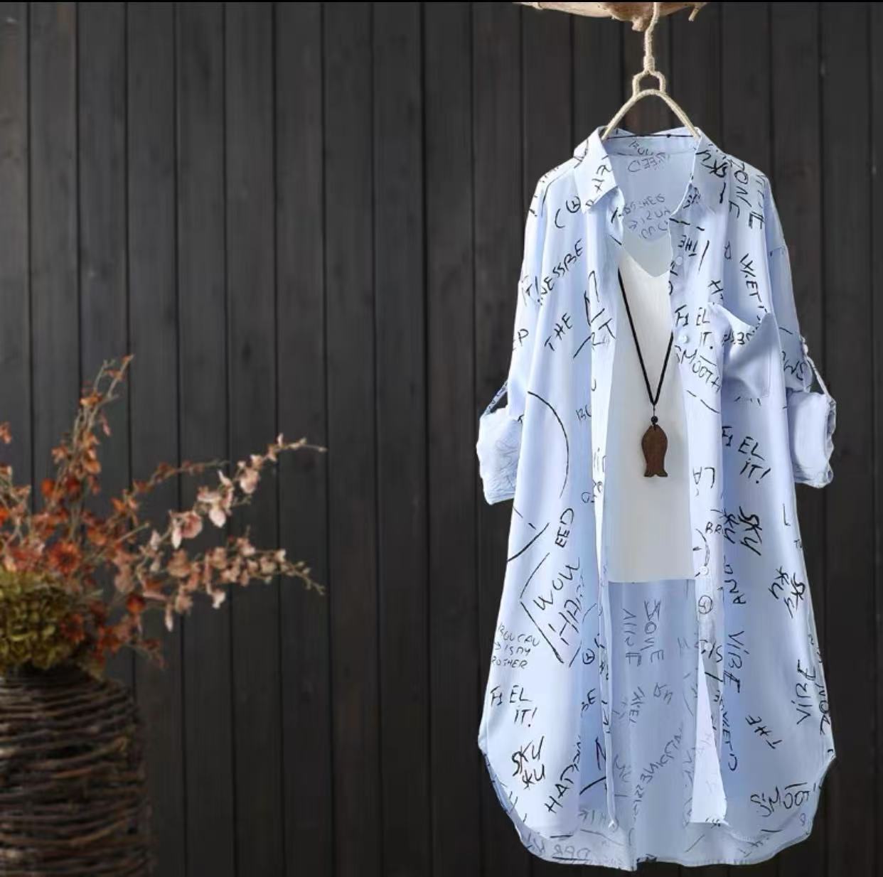 Women's Letter Print Mid-Length Long Sleeve Shirt - Bold & Casual