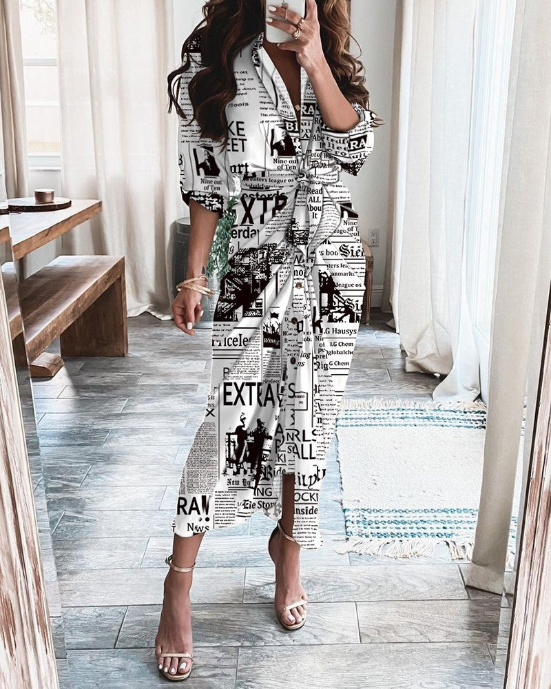 Women's Summer Long-Sleeved V-Neck Button-Up Printed Maxi Dress