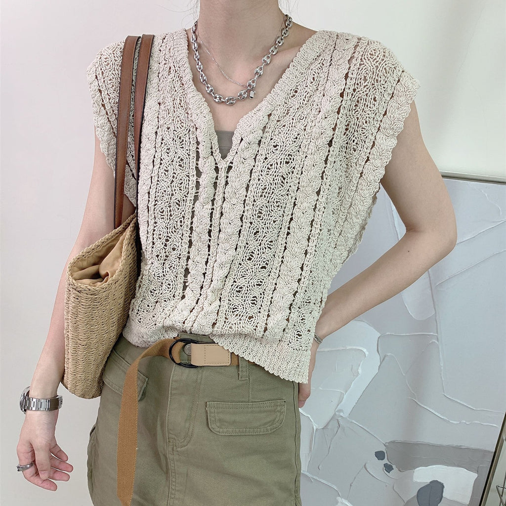 Hollow Crochet V-Neck Vest Sweater - Women's Summer 2025