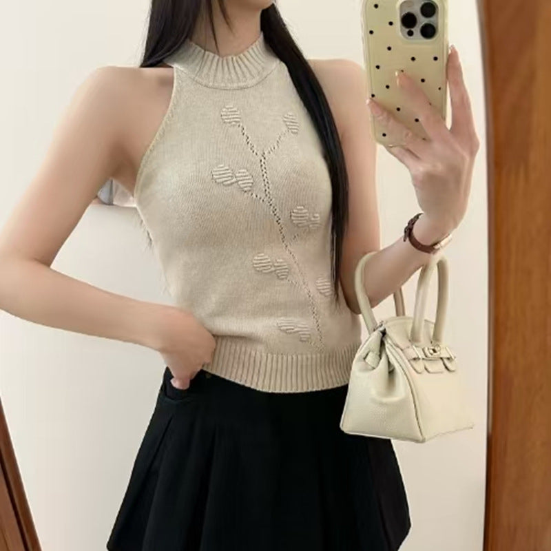 2025 Spring & Summer Women's Halter Neck Knit Vest - Slim Fit, Hot Girl Style, Simple Half High Neck Sleeveless Top