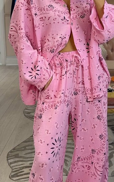 Printed Hollow-Out Comfortable Loose Button-Up Shirt and Pants Set for Women
