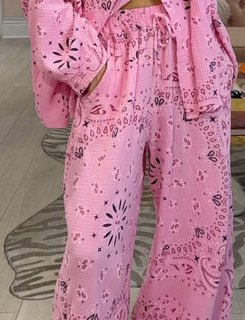 Printed Hollow-Out Comfortable Loose Button-Up Shirt and Pants Set for Women