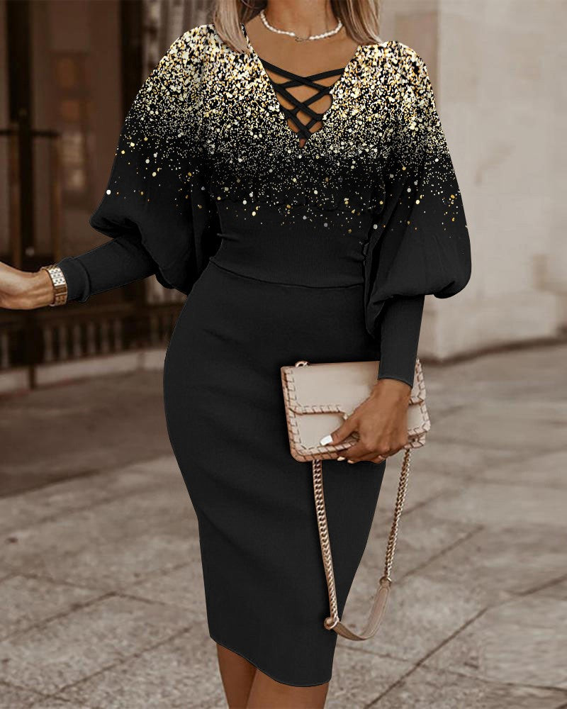 Elegant Long Sleeve V-Neck Wrap Dress for Women – Waist-Tie Bodycon Fit, Autumn & Winter Evening Wear