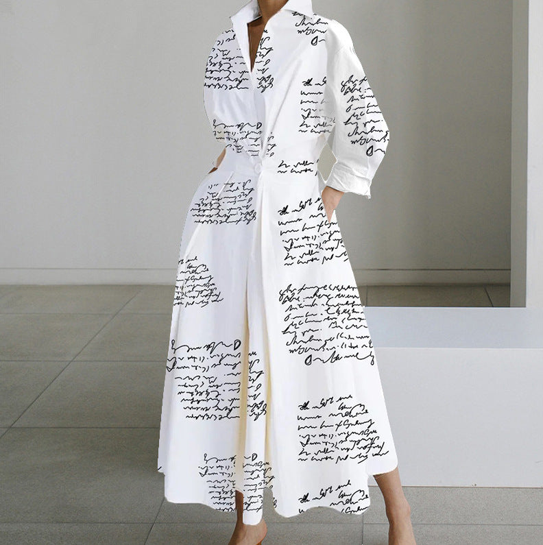 Autumn V-Neck Long Sleeve Printed Dress – Elegant Women's Fall Fashion