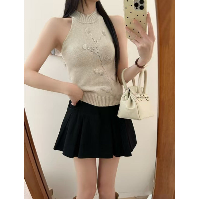 2025 Spring & Summer Women's Halter Neck Knit Vest - Slim Fit, Hot Girl Style, Simple Half High Neck Sleeveless Top