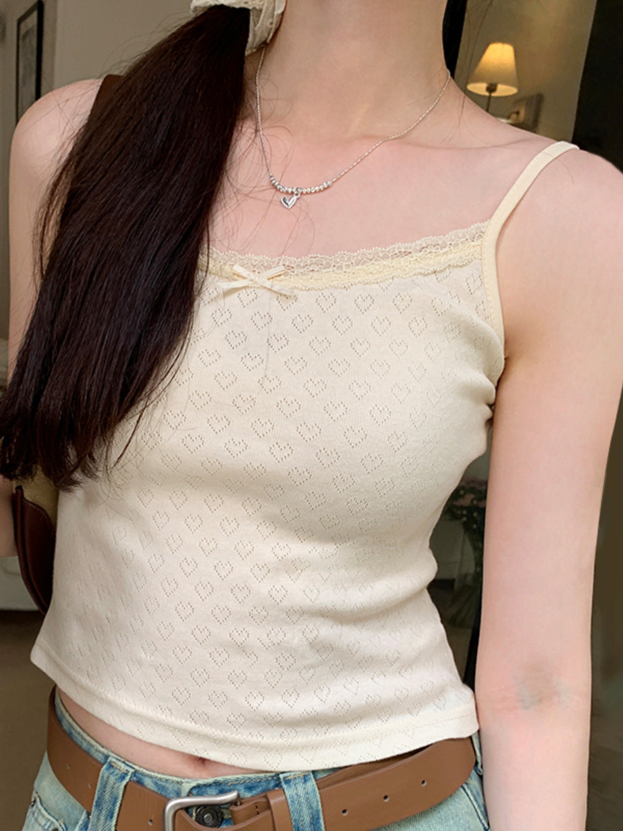 Women's Sweet Peach Heart Lace Camisole - Summer Jacquard Bowknot Outerwear Top