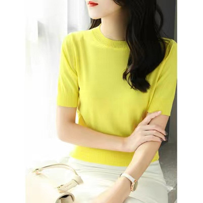 Women's Summer Knitted T-Shirt - Short Sleeve Slim Fit Top with Half-High Collar