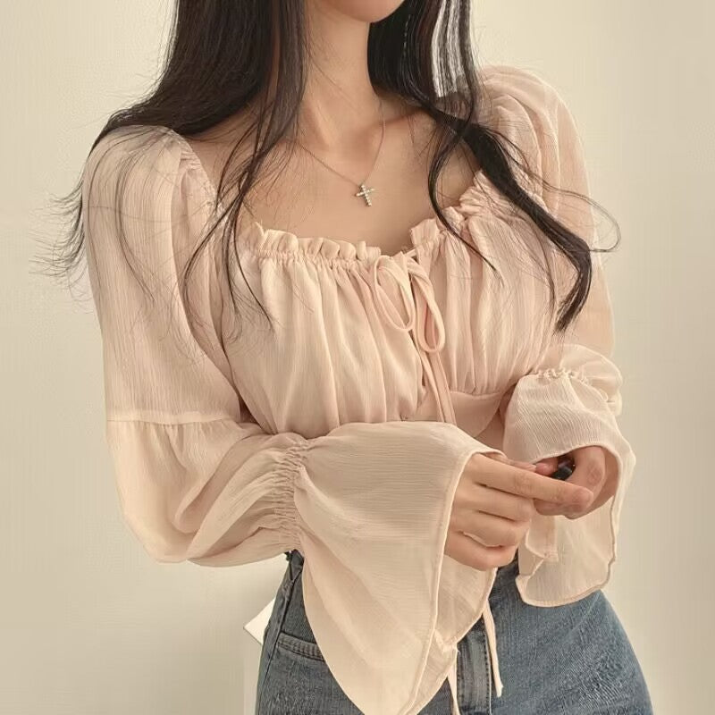 French-Style Ruffled Lace-Up Short Blouse - Square Neck & Trumpet Sleeve Spring Top for Women