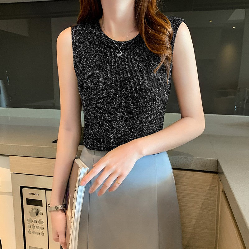 Women's Bright Silk Camisole Vest with Knitted Bottoming Shirt - Sleeveless Summer Essential