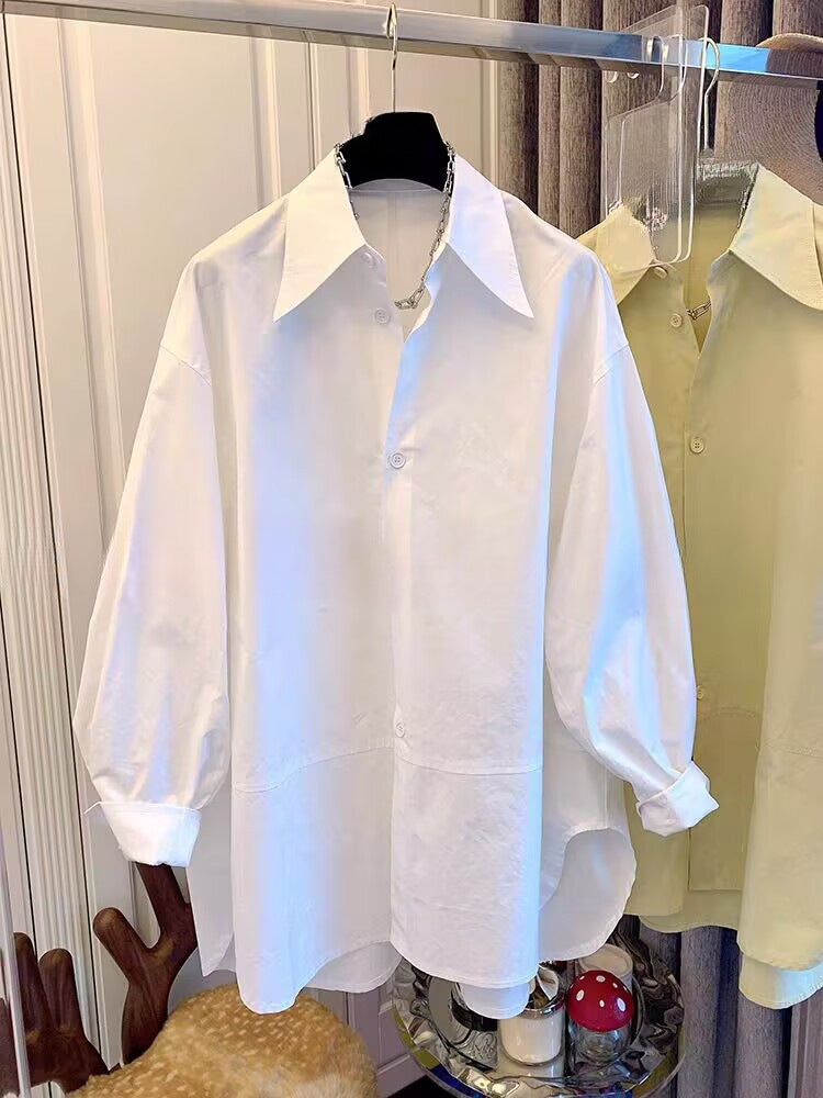 Women's Spring & Autumn Oversized Shirt Top - Simple Elegance with a Pointed Collar