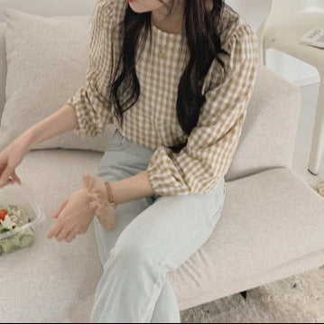 2025 Early Autumn Women's Plaid Long-Sleeved Shirt - Chic Round Neck Versatile Top