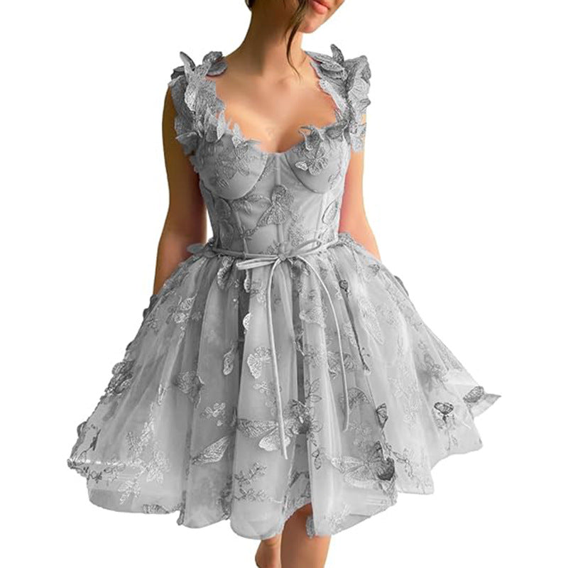 Elegant V-Neck Suspender Evening Dress – Slim Fit Short Bridesmaid Dress for Parties, Birthday, or Annual Events