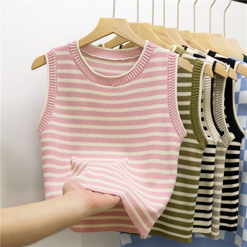 Women's Striped Slim Fit Camisole - Summer Round Neck Sleeveless Knitted Top