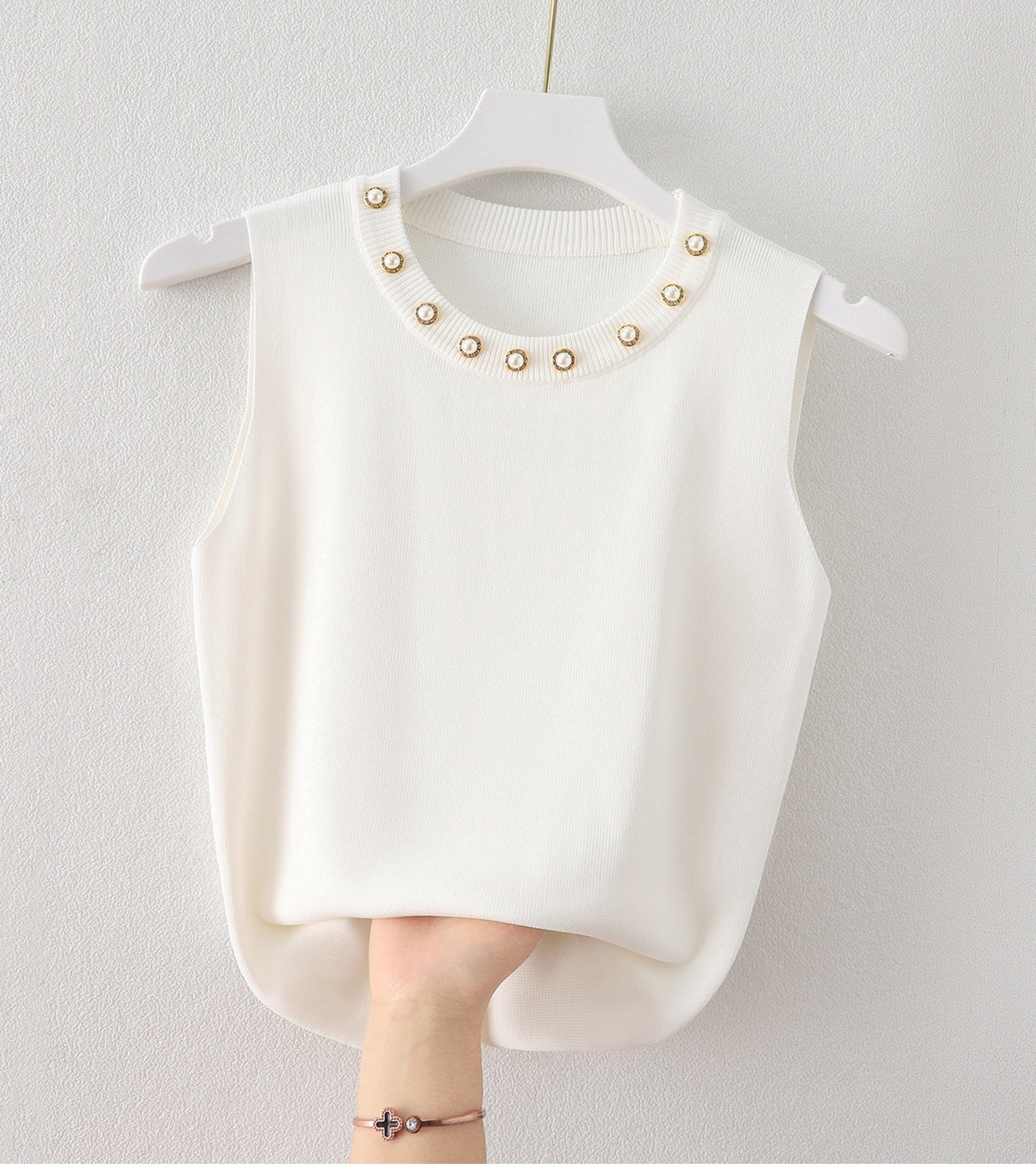 Women's Round Neck Camisole Top with Beaded White Knitted Sleeveless Sweater - Stylish Outerwear T-Shirt