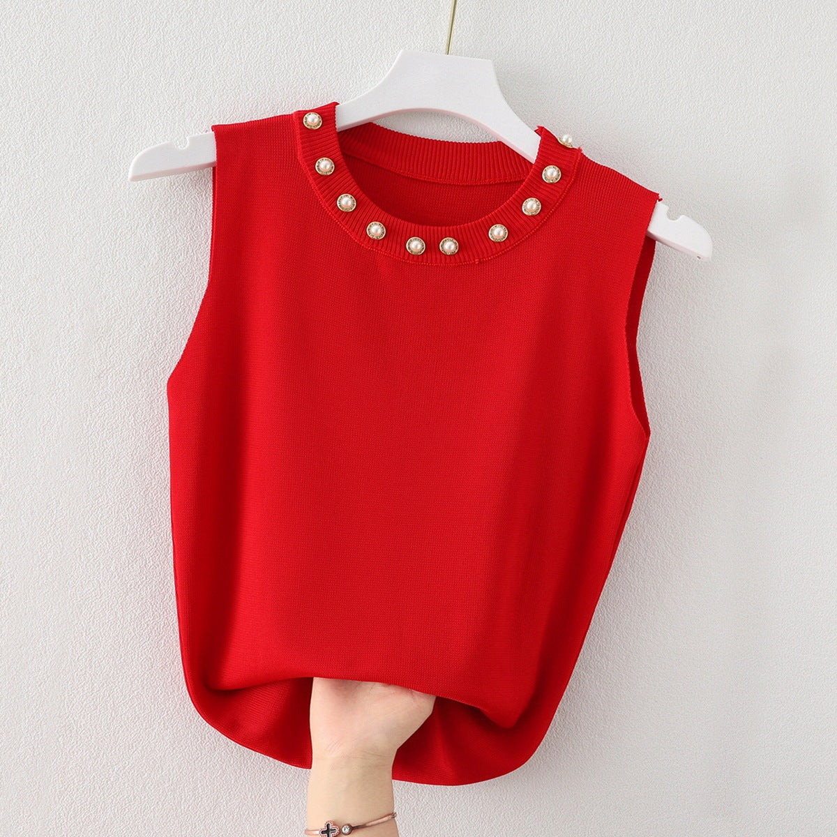 Women's Round Neck Camisole Top with Beaded White Knitted Sleeveless Sweater - Stylish Outerwear T-Shirt