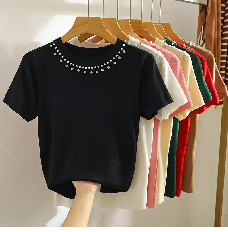 Women's Summer White Beaded Knit T-Shirt - Short Sleeve, Straight Shoulder, Short Top