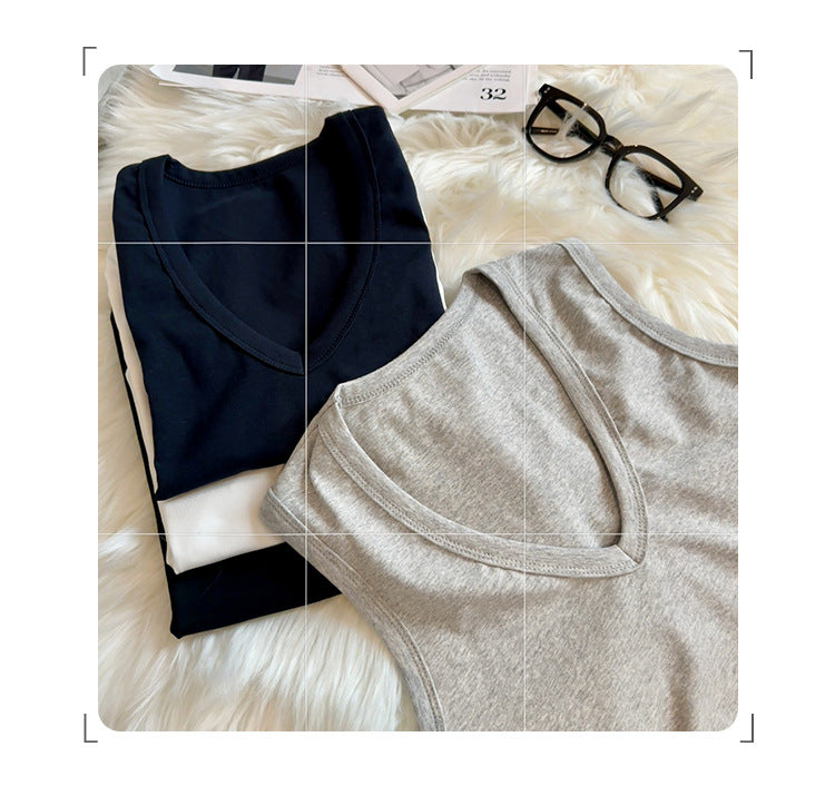 Women's White V-Neck Sports Camisole - Straight Shoulder Sleeveless Summer Vest