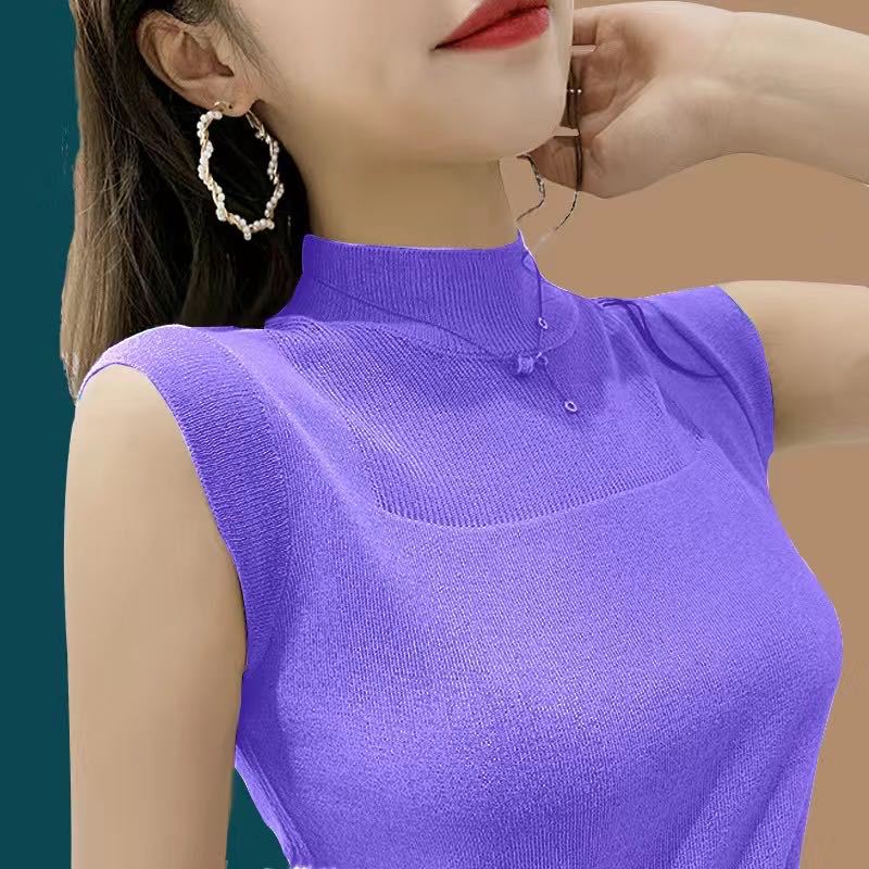Summer Ice Silk Knit Camisole - Half-High Collar Sleeveless Top for Women