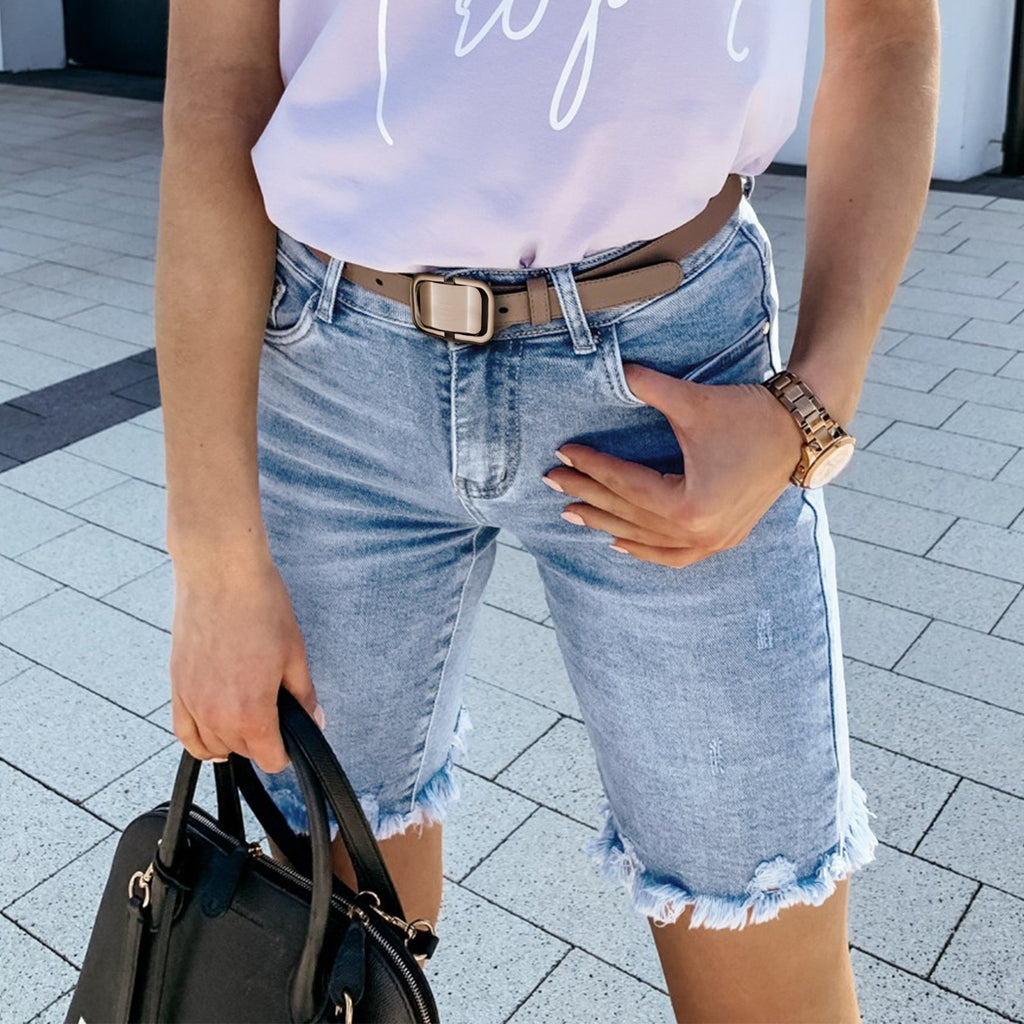 Women's Distressed Denim Shorts with Raw Edge & Tassel Hem - Trendy High-Waist Hole Jeans