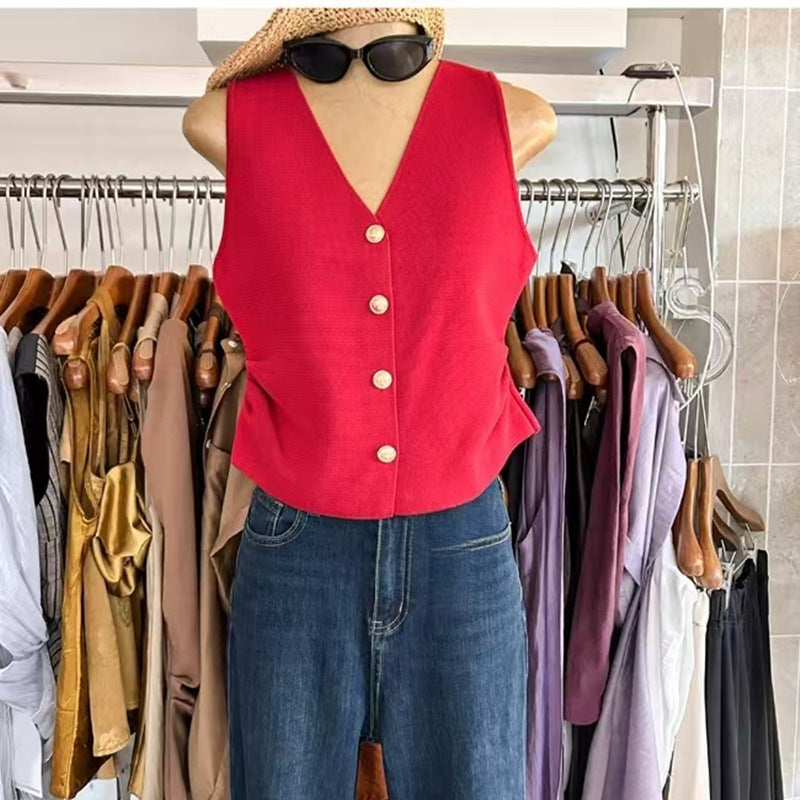 Chanel-Inspired Retro V-Neck Knitted Vest with Pleated Hem - Women's Slim Fit Sleeveless Button-Front Top