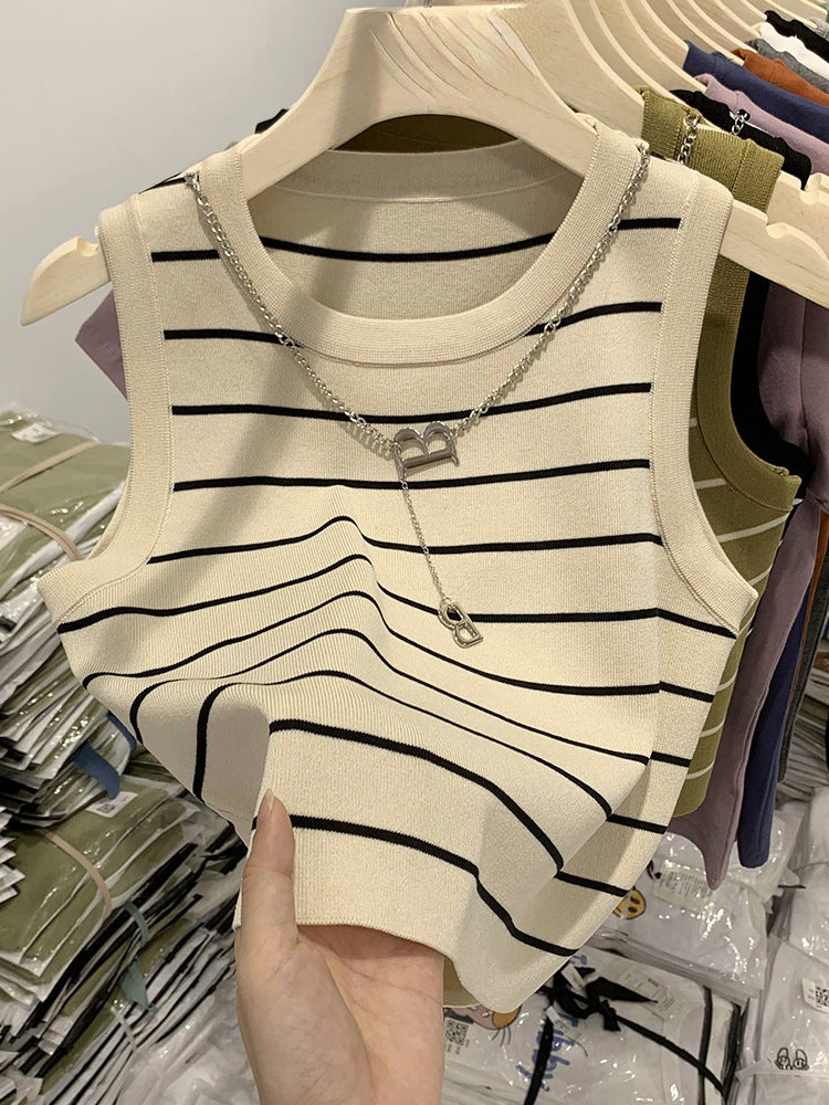 Summer Slim Fit Striped Crop Vest - High Waist Sleeveless Top for Women