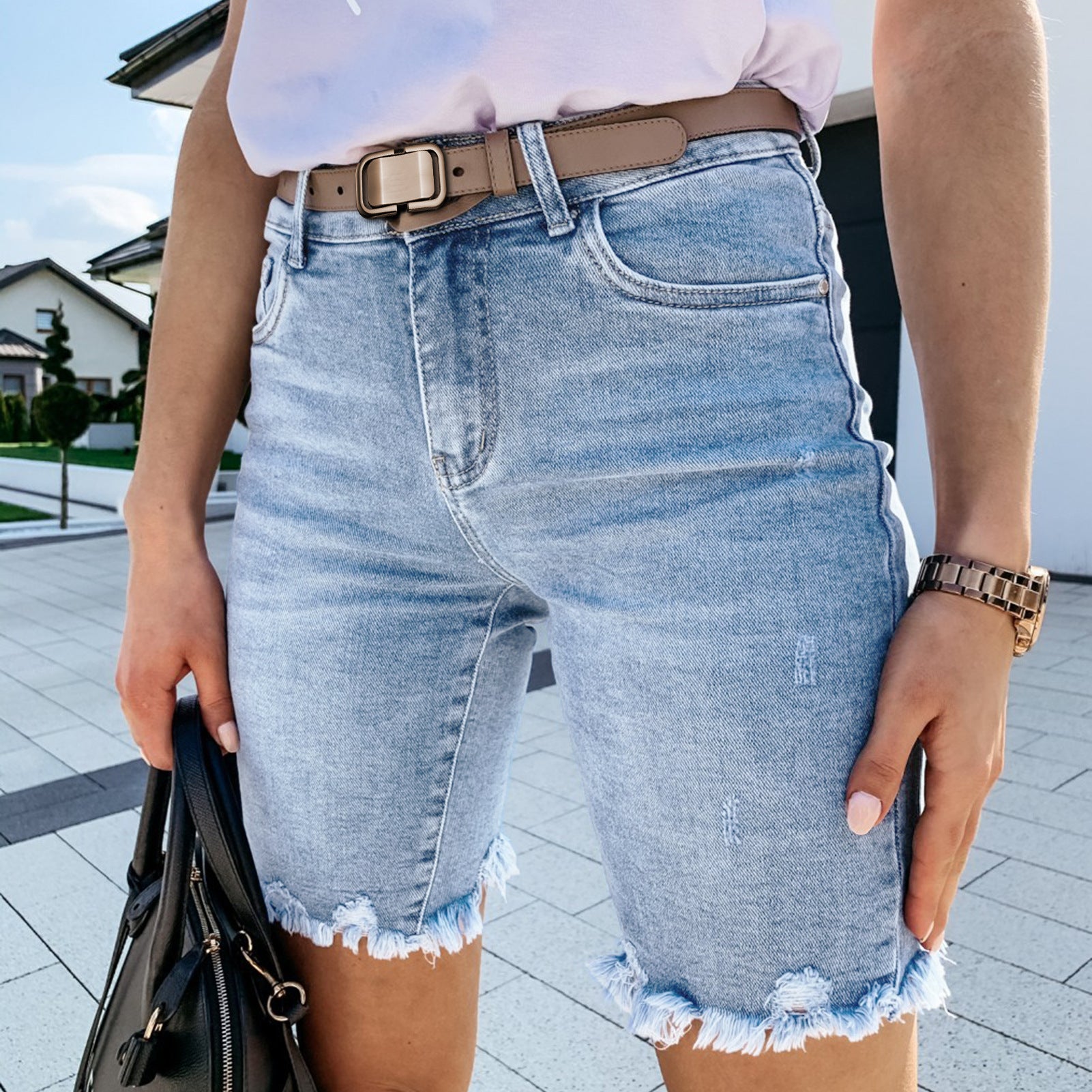 Women's Distressed Denim Shorts with Raw Edge & Tassel Hem - Trendy High-Waist Hole Jeans