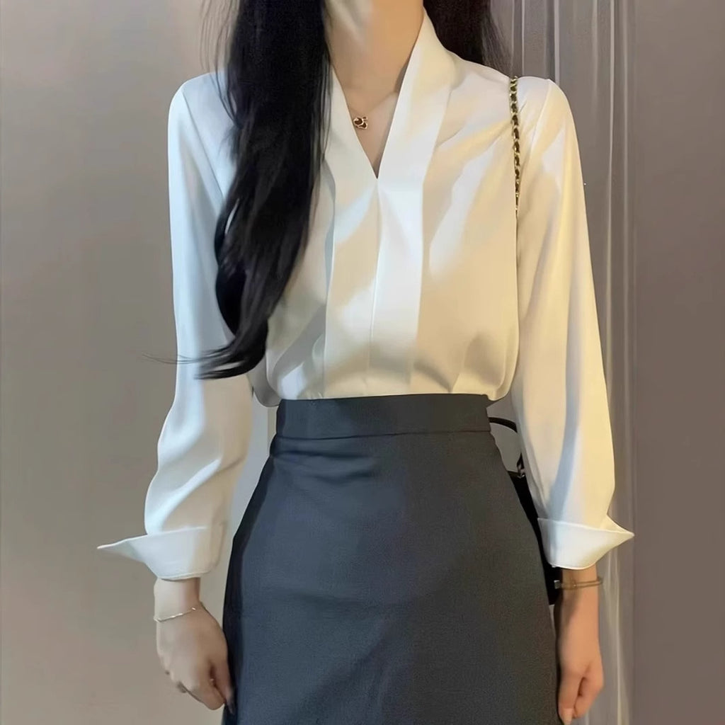 Women's White V-Neck Professional Shirt - Lightweight Elegance for Spring & Autumn