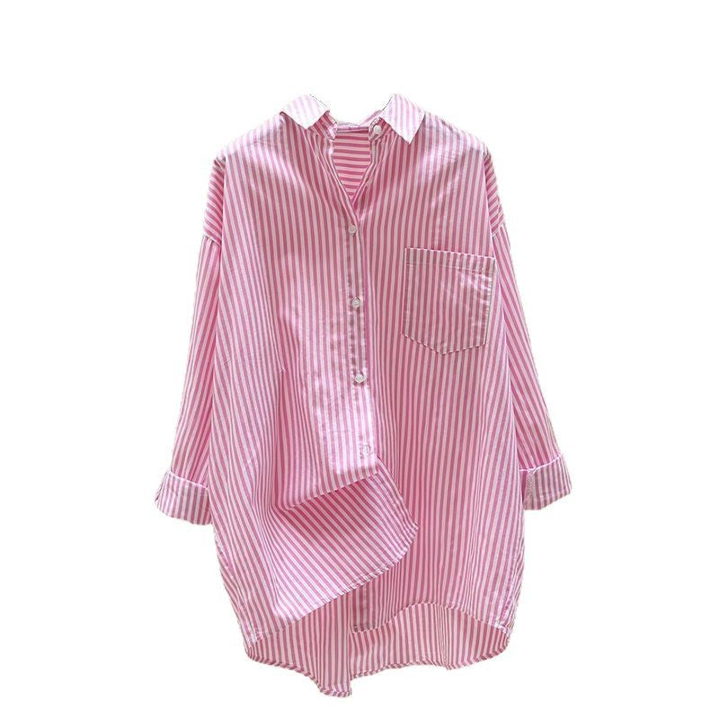 Artistic High-Low Striped Mid-Length Shirt for Women