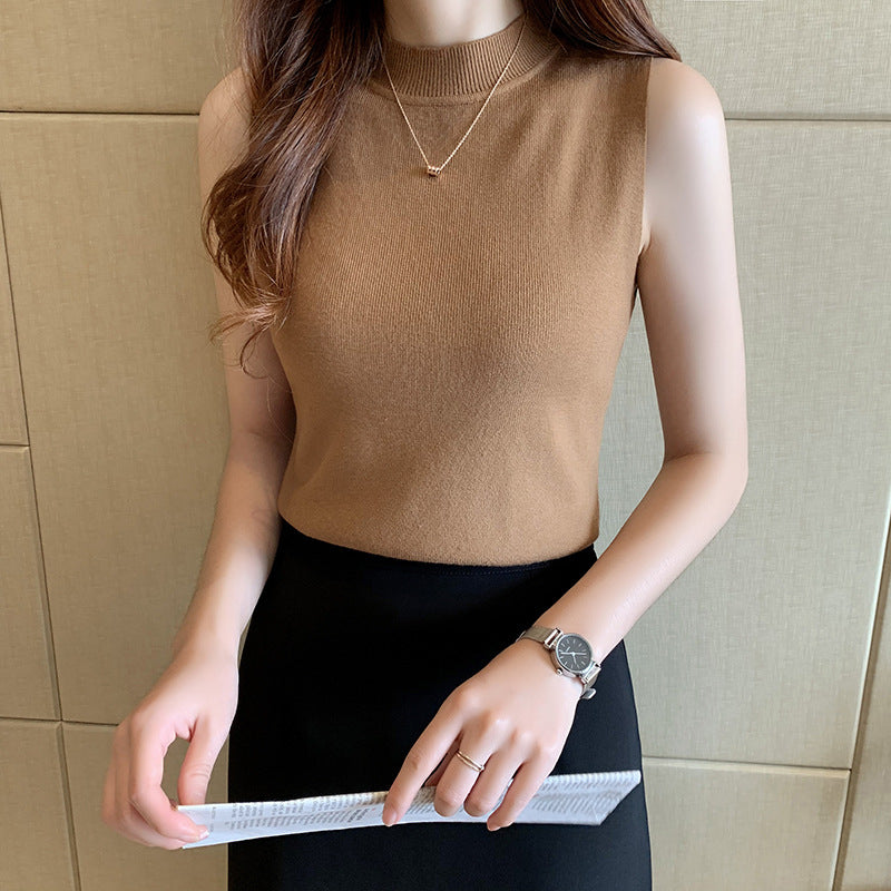 Women's White Knitted Vest - Small Camisole Top for Autumn & Winter, Half Turtleneck Sleeveless Sweater, Lightweight Bottoming S