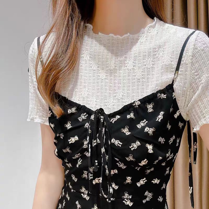 Women's Ice Silk Lace Bottoming Shirt - Summer Chic Mesh Short Sleeve Top with Inner Suspender, Lightweight Gauze T-Shirt
