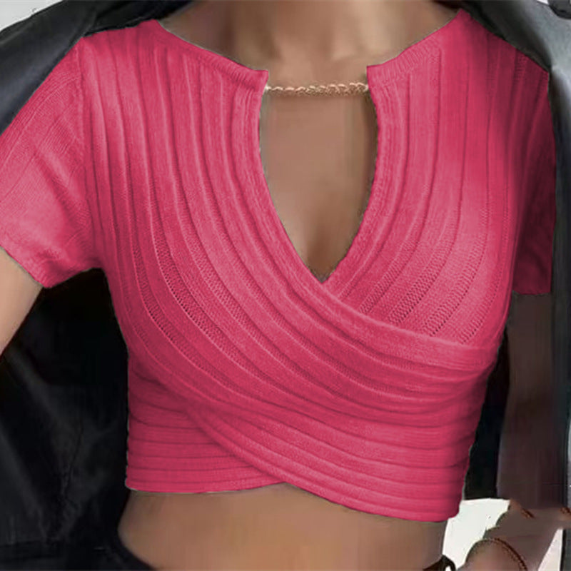 Summer Chain Deep V-Neck Cross-Navel Knitted Crop Top - Women's Short Sleeve Chic Streetwear