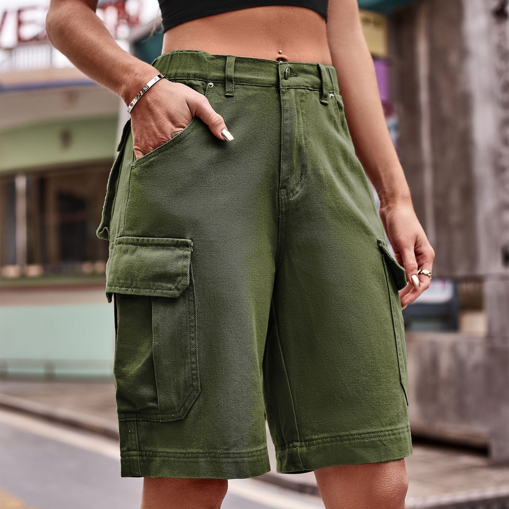 Elastic Waist Denim Workwear Shorts