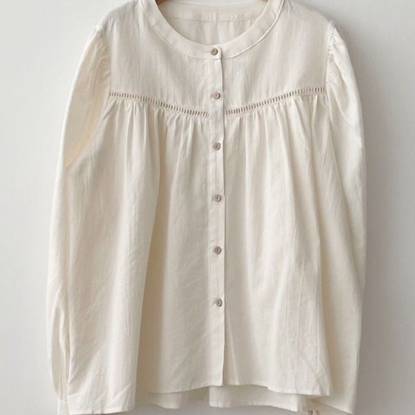 Sweet Hollow Lace Splice Shirt - Women's Solid Color Long Sleeve Top for Spring & Autumn